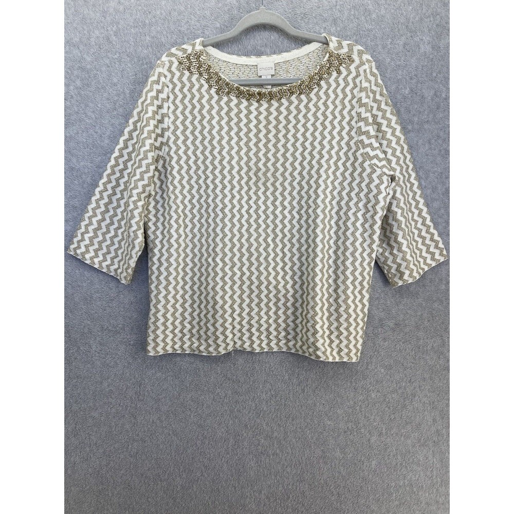 Chico's Women's Blouse 3/4 Sleeve Beaded Neck Size 3 XL Yellow White Shiny Fiber